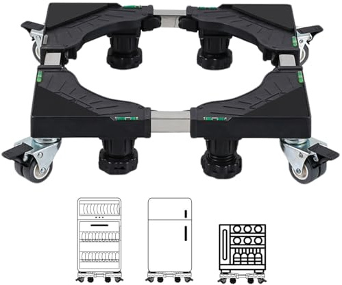 Duscdesp Washing Machine Stand with 4 Feet and 4 Lockable Rollers,Adjustable Height from 10-13cm,Mini Fridge Stand,Black Washing Machine Feet for Dryer,Refrigerator,Fridge,Freezer(4 Feet+4 Wheels)