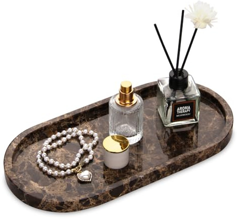 Vassoio Marmo Ovale Vassoio Portaoggetti Bagno Moderno Decorazioni Svuotatasche Ingresso Organizzazione per Candele Profumi Cucina Tessuti Sapone Shampoo Cosmetici Marrone Scuro 30 x 15 cm