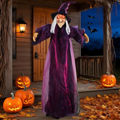 Vartegas Halloween Deko Outdoor Hexe, 180cm Halloween Figuren Lebensgroß Animiert mit Sound & LED-Blitz Augen, Gruselig Helloween Deko Hängende Hexe verstellbar, für Halloweendeko Party