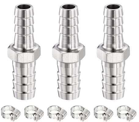 METALLIXITY 3pcs SUS304 Hex Bar Hose Barb to Adapter 1(25.5mm) x3/4(20mm) | 304 Stainless Steel Hose Barbed Fittng with 6Pcs Hose Clamps for Automotive, Motorcycle, Marine, Truck, RV Fuel Systems
