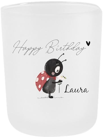 Personalisiertes Geburtstagslicht mit Name – Teelichtglas „Happy Birthday“ mit Glückskäfer – Geschenkidee für Kinder & Erwachsene – satiniertes Glas