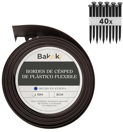 BAKOKI Flexible Lawn Edging 10m | 40 ANCHOR PEGS | 8cm Height - Brown Plastic - Round Lawn Edging - Flower Bed Edging - Mowing Edging - Easy to Cut and Shape