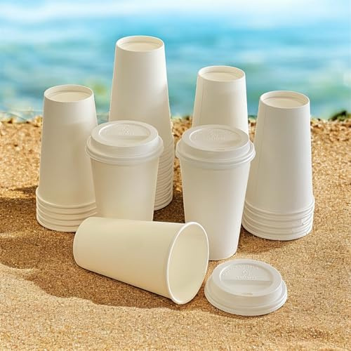 HOT BARGAINS 100 x 16oz Single Wall Paper Cups with Reusable Lids | Premium Disposable Coffee Cups for Hot & Cold Drinks | Eco-Friendly Tea Cups for Café, Party & Takeaway Use (16oz, 100, Count)