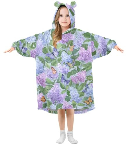 Robe de chambre à capuche en flanelle douce avec oreilles et poches, motif papillon hortensia, vêtements de nuit chauds pour petites filles, Hortensia Papillon, L