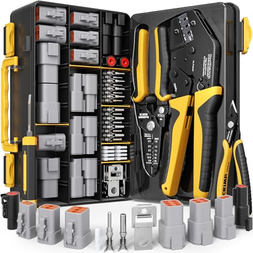 DxCRIMP Kit Pince à Sertir pour Connecteurs Série DTP, 1/2/4/6 Broches Connecteurs Étanches (14-10 AWG/2.5-6.0mm²), Pince à Cliquet, Dénudeur et Outils d'Extraction, Compatible avec Deutsch DTP