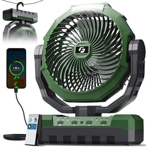 FRIZCOL 3-in-1 Camping Fan - Portable Fans Rechargeable - 48000mAh Battery Powered Fan with Light & Remote for Indoor, Outdoor, Tent, Travel, Fishing, Jobsite, Gifts for Men Dad Him - Green