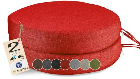 sunnypillow 2er Set Stuhlkissen Rund Ø 40 cm, wasserdicht UV-lichtecht, 7cm dick - Outdoor Polsterauflage mit Bändern - Auflage für Stühle,Bänke - Sitzkissen Stuhlauflage für Haus und Garten - Rot