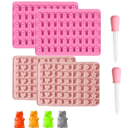 4 Stück Silikon Schokoladenformen,gummibärchen selber machen, wiederverwendbare Süßigkeiten-Backform, Eiswürfelformen mit 2 Tropfern, Antihaft-Silikonformen, einschließlich Gummibärchen, Herz form