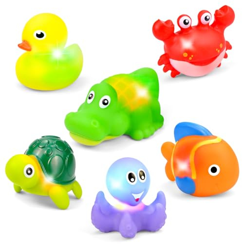 6Pcs Baby Bath Toys Light Up Bath Toy for Toddler 1-6 Year Old Sea Animals Water Toys Flashing Bath Toys for 2 3 4 5 Year Old Boys Girls Bath Toys Gifts for Kids Boys Girls Birthday Present Age 3+