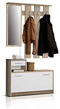 FORTE Foxi Kompaktgarderobe inklusive Spiegel, Holzwerkstoff, Sonoma Eiche Dekor, 97.5 x 25 x 180 cm