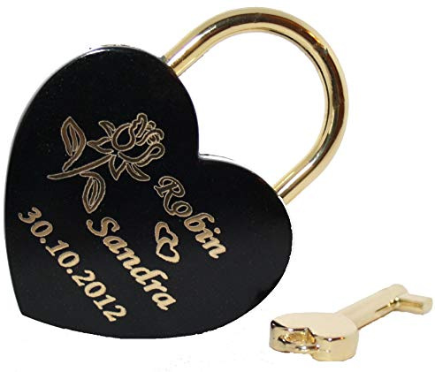 NEU Liebesschloss Herz in Schwarz -gold mit individueller Gravur Groß 60x45 mm Vorhängeschloss