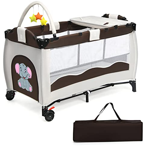 COSTWAY 3 in 1 Reisebett mit Matratze, Kinderreisebett mit Spielbogen, Wickeltisch, Tragetasche, Beistellbett mit Seitentür, atmungsaktives Netz, Babybett klappbar mit Rollen bis 45 kg belastbar,Braun