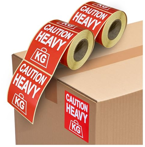 Warning Stickers 'Caution Heavy' Sticky Labels 80x103mm - 1000 Pack Bright Red Stickers, Moving House, Heavy Label for Packing Box Labels and Storage, Adhesive Paper Sticker Pack for Parcel Packaging