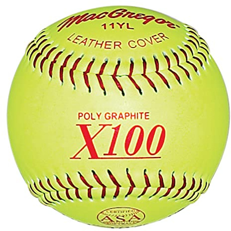 MACGREGOR ASA-Pallone da Softball Fast Pitch da 11 (dozzina), Unisex, Giallo con Cuciture Rosse, 11''