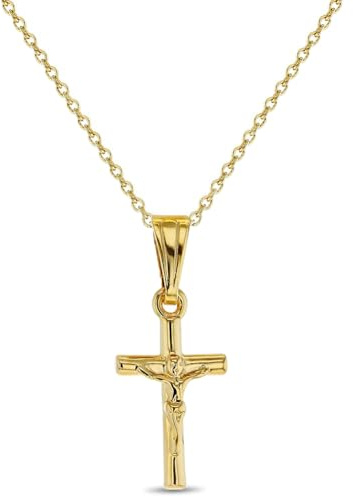 In Season Jewelry Jesus Crucifix Gold Necklace - Small Catholic Kids Cross Necklace for Girls & Boys - 16 Inch Chain Child-Sized Faith Gold Jewelry - Christian Gifts for Girls, Boys, & Teens