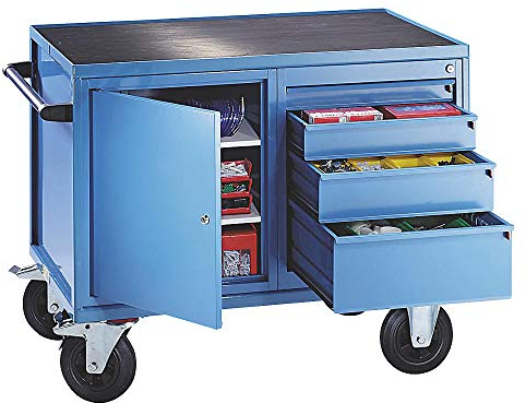 eurokraft | Montagewagen | Tragfähigkeit 500 KG | 1 Schrank | 4 Schubladen | lichtblau RAL 5012