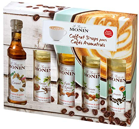 MONIN Coffee Syrup Gift Set 5x5cl. 1x Vanilla, 1x Caramel, 1x Hazelnut, 1x Amaretto, 1x Gingerbread Syrup for Coffee. Perfect for Flavoured Coffees, Hot Chocolates and Frappes. Vegan, Natural Flavours