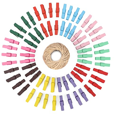 Deko Holz Wäscheklammer Klein - 100 STK Bunte Holzklammern Mini - 3.5CM Kleine Deko Holzklammern mit Schnur für Fotos Basteln