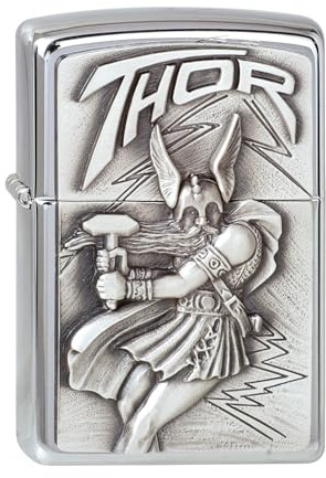 Zippo Briquet tempête – Viking Thor Chrome brossé Emblème – Rechargeable – Réutilisable – Design coupe-vent – Boîte cadeau – Fabriqué aux États-Unis
