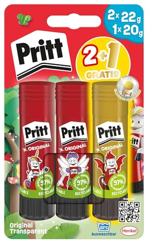 Pritt limstift designmotiv set, säkert och barnvänligt lim för konst och hantverk, starkt lim för skolan, 2 x 22 g original och 1 x 20 g färgglad pritt penna, 9H PBS2B