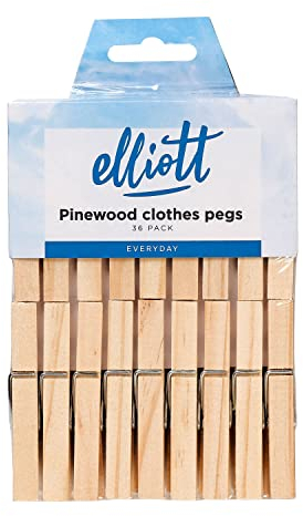 Elliott Traditional Pinewood Clothes Pegs with Contoured Design to Prevent Marking Clothes and Metal Coil Spring for Firm Grip, This Pack Include 36 Pegs Ideal For Outdoor and Indoor Use