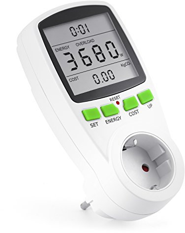 Arendo - Instrumento de medida de gastos energéticos - Contador de electricidad - Indicador de tiempo energía costes - Elementos de mando - 3680 W - Protección para niños - Color blanco
