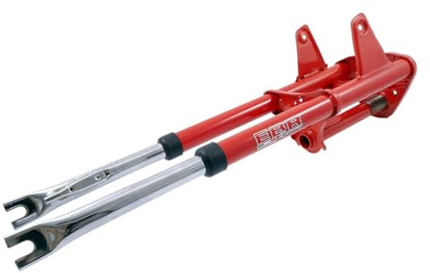 EBR Gabel komplett Rot 56 cm 2800 g, altes Modell kompatibel mit Puch Maxi | Originaldesign des alten Modells; komplette Gabel für Mofa/Moped, rot lackiert und bei Bedarf individuell neu lackierbar