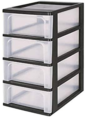 Iris Ohyama, Kunststoff Schubladenbox mit 4 flachen Schubladen, Schwarz, Easy-Pull-System, A4, A5 & A6 Format, Schreibtisch Organizer für Büro, Schreibwaren, BPA-frei, Schubladenschrank, OCH-2004