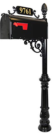 ADDRESSES OF DISTINCTION Charleston Mailbox & Post System – Black Rust Resistant Mailbox – Includes Address Plaque, Numbers, Scroll & Mounting Hardware (Large)