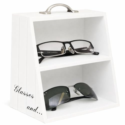 DRULINE Brillenregal Holz Vintage – Organizer für Brillengestelle mit 2 Fächern, Brillenständer im Landhaus Stil, Deko Brillenhalterung und Brillenablage, Multifunktionaler Brillen Halter