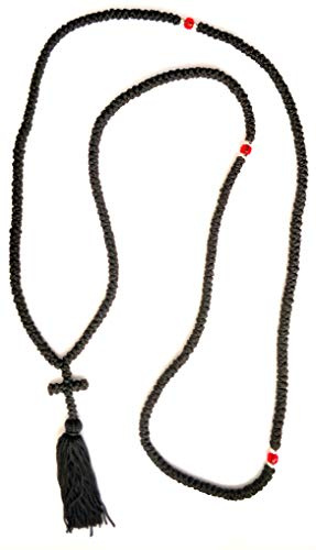 Iconsgr Handgefertigtes christlich-orthodoxes griechisches Komboskoini-Gebetsband, 300 Knoten, Pentant, Schwarz