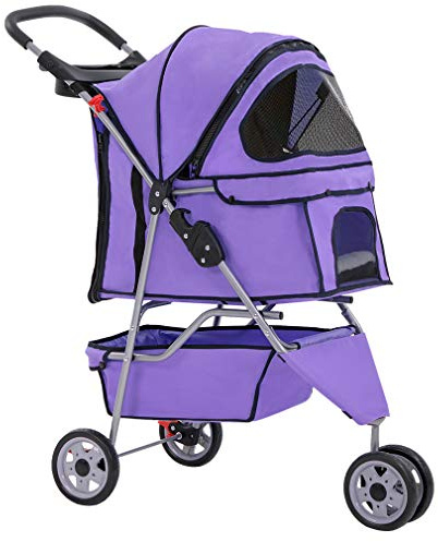 BestPet 3 Wheels Pet Stroller Dog Cat Cage Jogger Stroller for Medium Small Dogs Cats Folding Travel Carrier with Cup Holder, Waterproof Design & Removable Liner, Purple