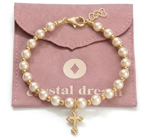 Crystal Dream Handmade 14KT Gold-Filled Unisex Baby Girl Bracelet - Cream European Simulated Pearl Cross Bracelet - Christening, Baptism & First Communion Heirloom Gift - Newborn — 0-9 Months (4)