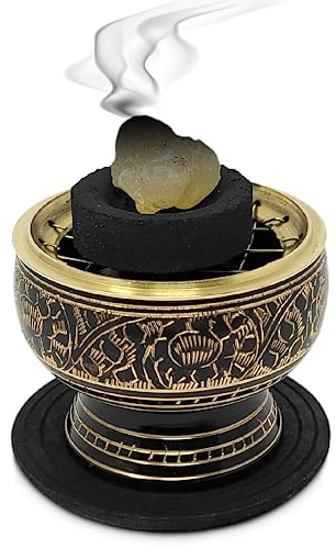 New Age Imports, Inc. India Small Decorated Brass Charcoal Screen Incense Burner with Wooden Coaster