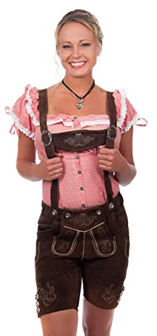 Kurze Damen Trachten Lederhose braun aus feinstem Rindsveloursleder , Dunkelbraun, 46