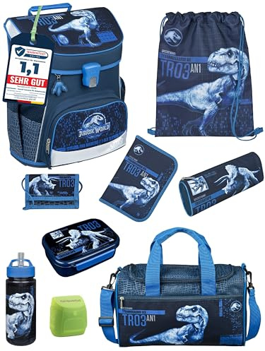 Familando - Scooli Campus Fit Schulranzen Set - 9-teilig mit Sporttasche - Jurassic World Dinosaurier - Ergonomisch, Stabil & 980g leicht - 18L Volumen - Brustgurt & Reflektoren - Ab 1. Klasse