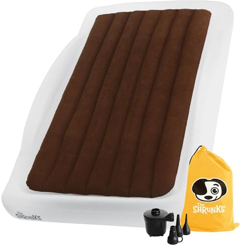 The Shrunks® aufblasbares Reisebett für Kinder ab 6 Jahren mit Rausfallschutz - Beflocktes Luftbett für Reisen, Übernachtungen, Camping - Weiß/Braunes Beistellbett auf Reisen oder zu Hause 200x110cm