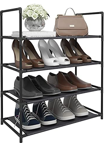 WOLTU Schuhregal mit 4 Ablagen Schuhablage Schwarz Schuhständer Steckregal, Stoffregal Schuhschrank für 12 Paar Schuhe, Flur, Schlafzimmer 60x28x71 cm