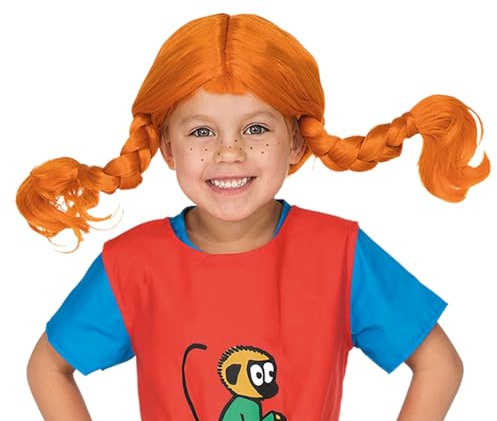 Pippi Langstrumpf Kinder Perücke - Original Lizenz - Fasching, Karneval, Halloween - Rote Haare, biegbare Zöpfe - Elastisch - 60 cm Kopfumfang - 3-6 Jahre