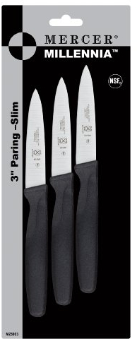 Mercer Culinary Millennia 3-Inch Paring Knife Knives-Slim (3-Pk.), Stainless Steel, Black, 15x10x3 cm