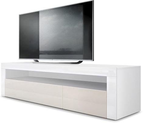 Vladon Lowboard Valencia, Made in Germany, TV-Kommode mit 1 offenem Fach und 2 Klappen, Weiß matt/Creme Hochglanz/Weiß Hochglanz (155 x 46 x 40 cm)