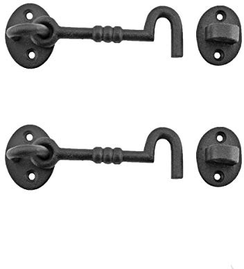 Renovators Supply Manufacturing Black Wrought Iron Cabin Hook Eye 5 Long Large Decorative Privacy Hook Latches for Cabinet Window Kitchen Sliding Or Barn Doors with Mounting Screws Pack of 2