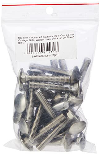 AHCM8 8mm x 50mm A2 Stainless Steel Cup Square Carriage Bolts Without Nuts (Pack of 25 Coach Bolts)