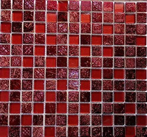 Mosaik kvadrat kristall/sten/hartsblandning röd glas natursten ornament kakelspegel, mosaiksten format: 23 x 23 x 8 mm, bågstorlek: 300 x 325 mm, 10 ark