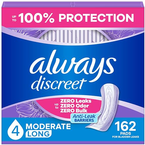 Always Discreet Adult Incontinence Pads for Women, Drier, 4 Drop Long Length, Moderate Absorbency, Pads for Bladder Control Management, Bladder Leaks, & Postpartum Pads, 162ct