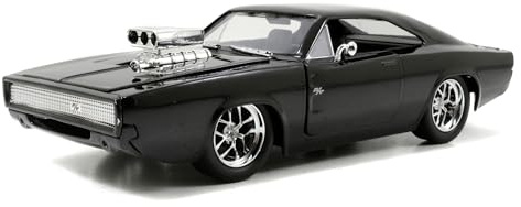 Jada Toys 97059 Fast & Furious Dom's 1970 Dodge Charger R/T, Auto, Spielzeugauto aus Die-cast, öffnende Türen, Kofferraum & Motorhaube, Maßstab 1:24, glänzend schwarz