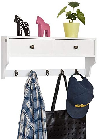 SoBuy Wandschrank mit 2 Schubladen & 5 Haken 60x27x14cm für Flur | Wandgarderobe mit 2 Schubladen und 5 Haken, MDF weiß, Tragkraft 10kg, umweltfreundliche Verpackung FRG178-W