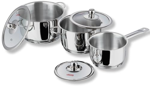 Vinod Tuscany Stainless Steel Cookware Combo Set of 3 with Glass Lid, Saucepan 14cm, Casserole16 cm, 18 cm Diameter 5mm Thick, Extra Deep Induction Base