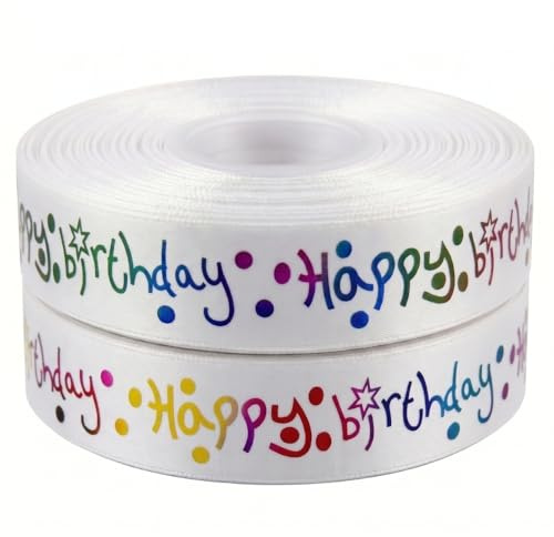 White Happy Birthday Satin Ribbon 25mm x 2m Gift Wrapping & Cake Decoration | Sold in 2 metre lengths, ideal for birthday presents, party decorations, greeting cards, gift bags, balloons and crafts