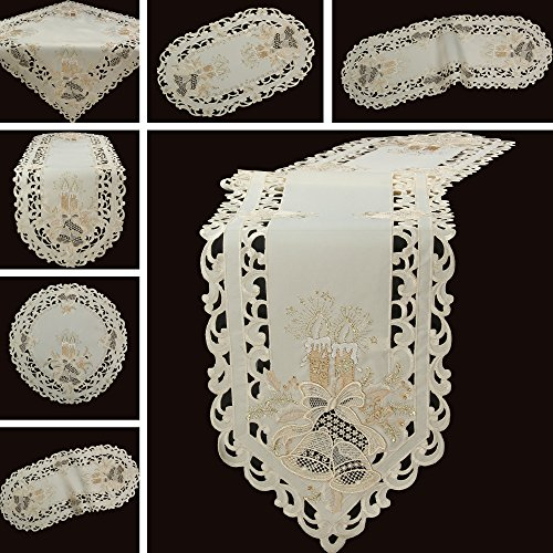Bezaubernde Weihnachten Mitteldecke/Tischdecke Creme-Weiß mit Gold Kerzen Glocken Stickerei - Größe wählbar (ca. 85 x 85 cm Eckig)